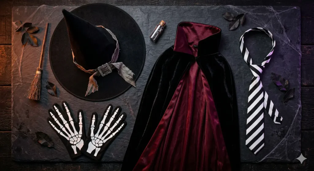Halloween Kostüme 2026 Übersicht – Hexe, Vampir, Skelett und Beetlejuice Accessoires auf dunklem Hintergrund