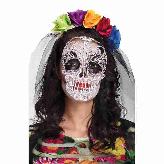 Halloween Kopfschmuck Tiara La Calaca mit bunten Blumen und schwarzem Schleier