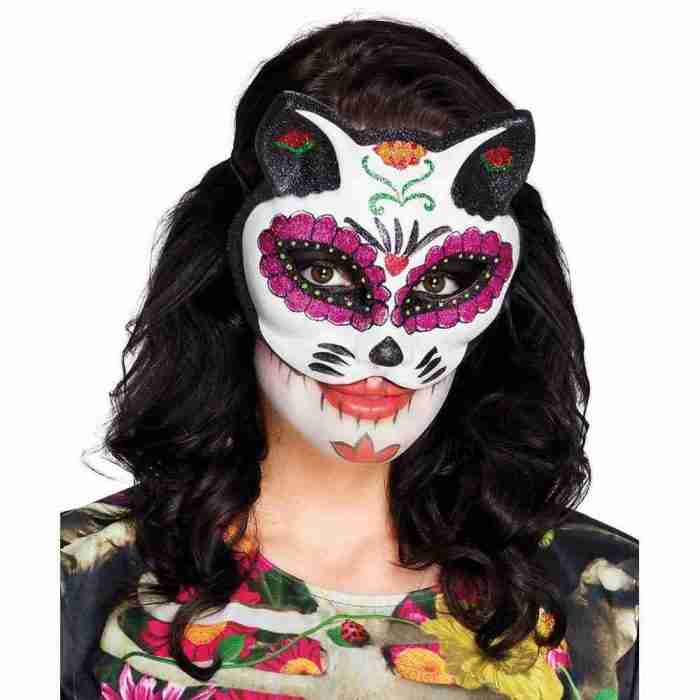 Day of the Dead Augenmaske El Gato weiß rosa schwarz Glitzer