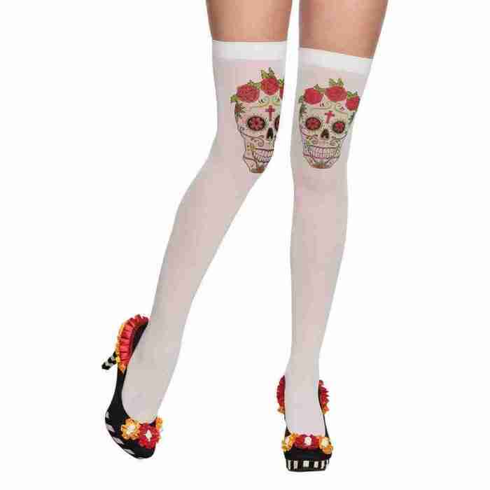 Sugar Skull Strümpfe Calavera weiß mehrfarbig Dia de los Muertos Overknees