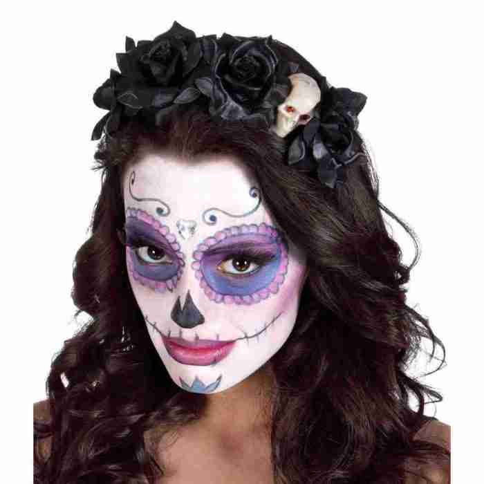 Day of the Dead Haarreif schwarz mit Totenkopf und Rosen Halloween Accessoire