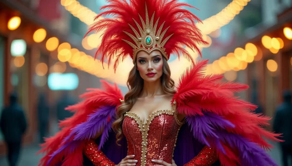 Frau in modischem Karneval Kostuem Damen mit Leopardprint und Glitzer