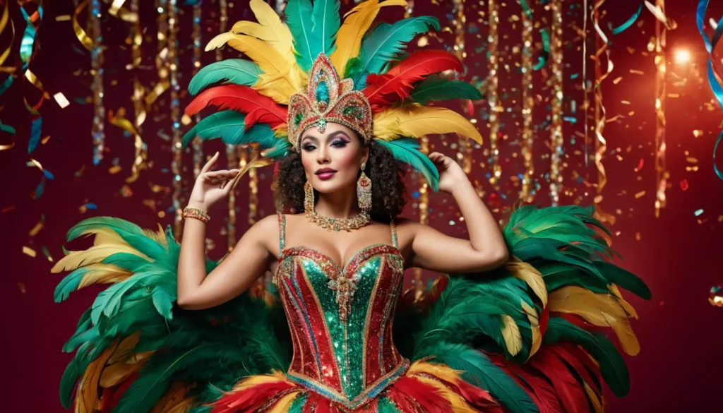 Frau trägt buntes karneval kostüm damen mit Accessoires und Make-up