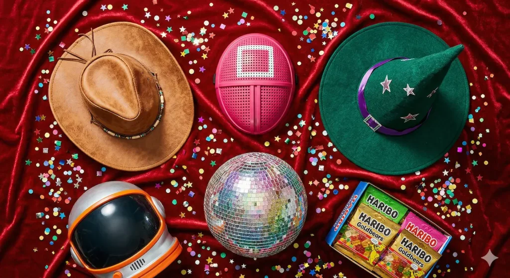 Karneval Kostüm Ideen 2026 – bunte Accessoires als Flat-Lay: Cowboyhut, Squid-Game-Maske, Hexenhut und Disco-Kugel