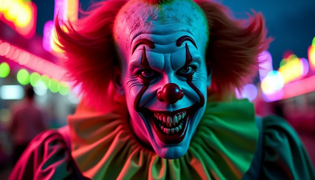 Gruseliger Horror Clown in neonpinkem Kostüm bei Bad Taste Party