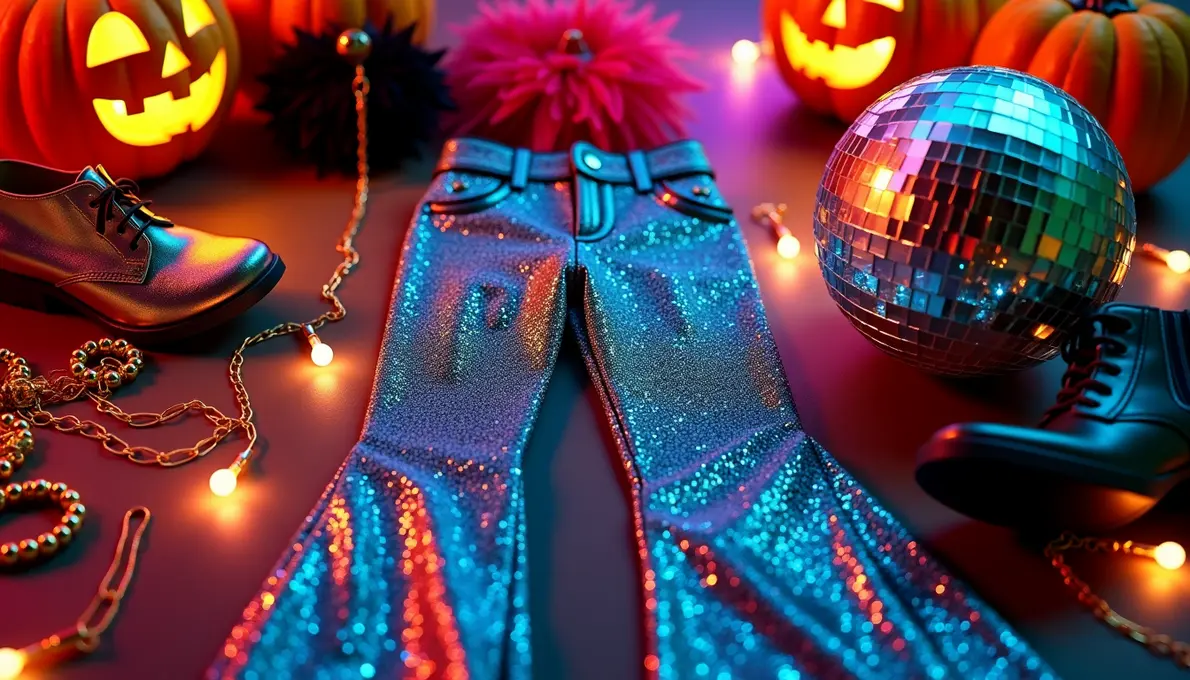 Authentisches 70er Jahre Disco-Kostüm mit glitzernder Schlaghose und funkelndem Oberteil