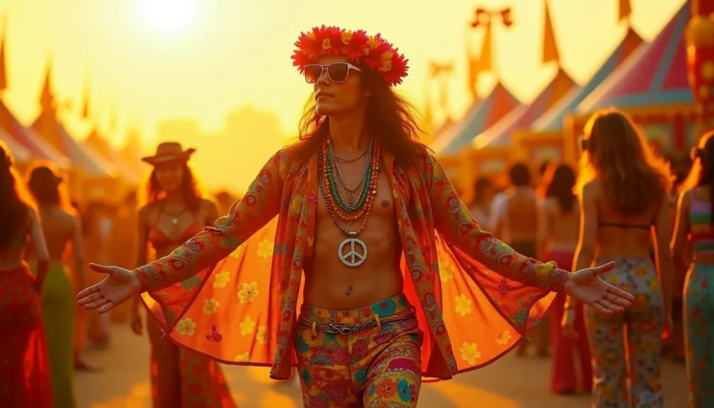 Hippie Kostüm 60er Jahre Flower-Power Look mit bunten Mustern und Accessoires