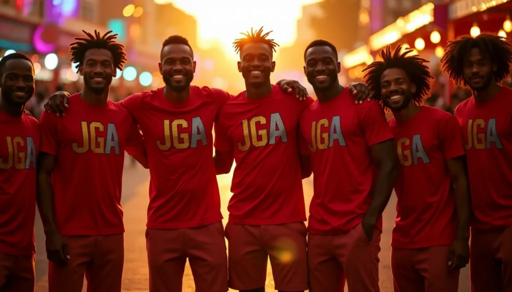 Gruppe von Männern in passenden JGA T-Shirts und Team-Outfits für Junggesellenabschied