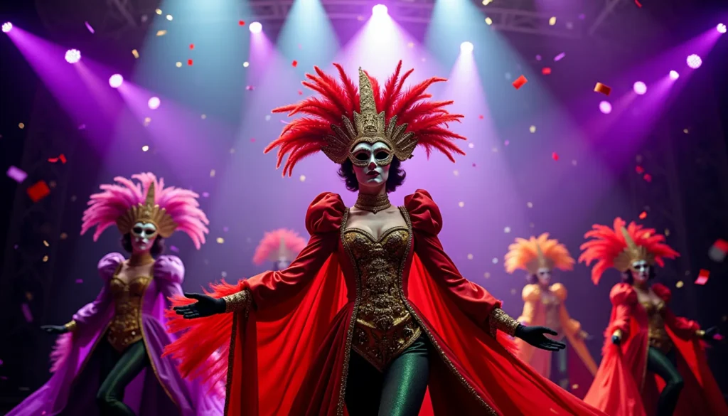 Bunte Karnevalskostüme und Masken für Karneval Trends 2027 auf der Bühne