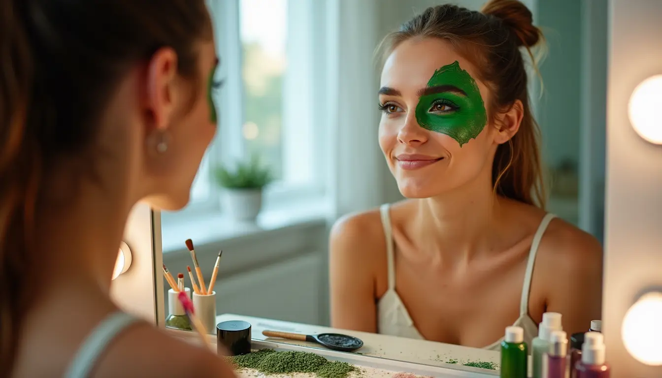 Frau schminkt sich grünes Last Minute Kostüm Gesicht als Hexe oder Elphaba für Karneval 2026
