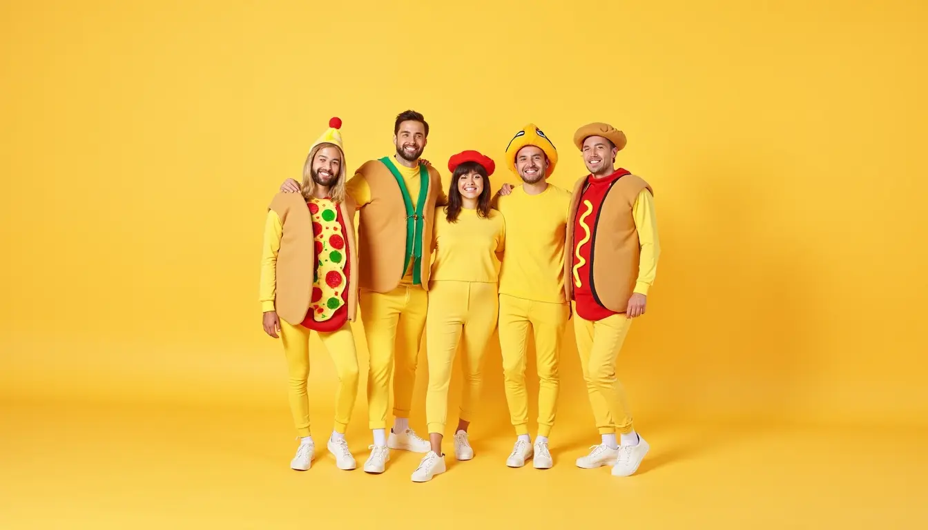 Freunde in lustigen Gruppenkostümen wie Pizza und Hotdog auf einer Party