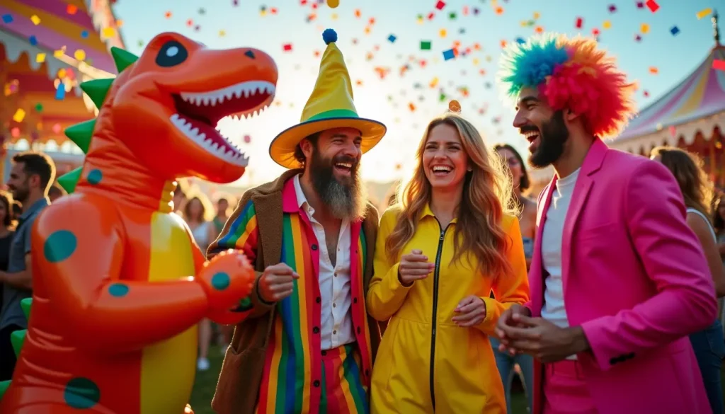 Erwachsene in lustigen Kostümen feiern Karneval 2026 mit Dinosaurier-, Bananen- und Clownkostümen