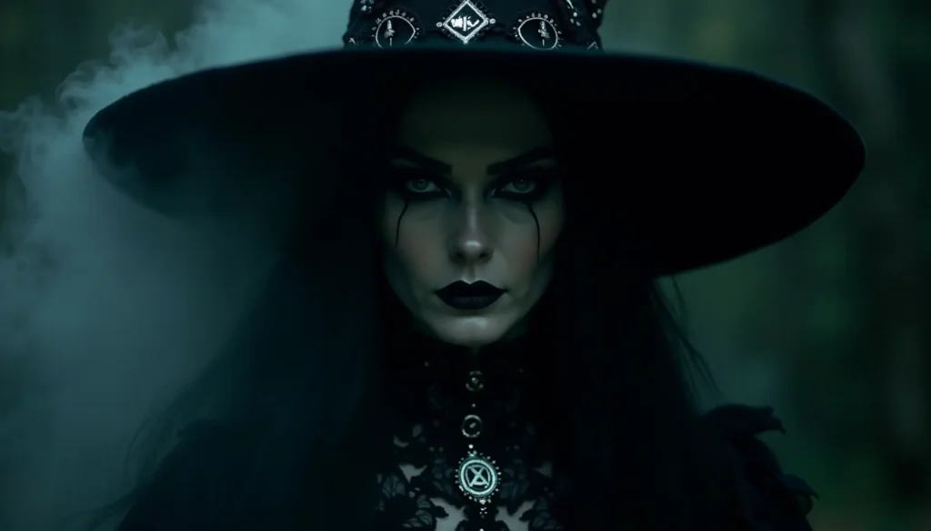 Mystische Hexe im schwarzen Gothic-Kostüm mit dramatischem Make-up für Walpurgisnacht 2026