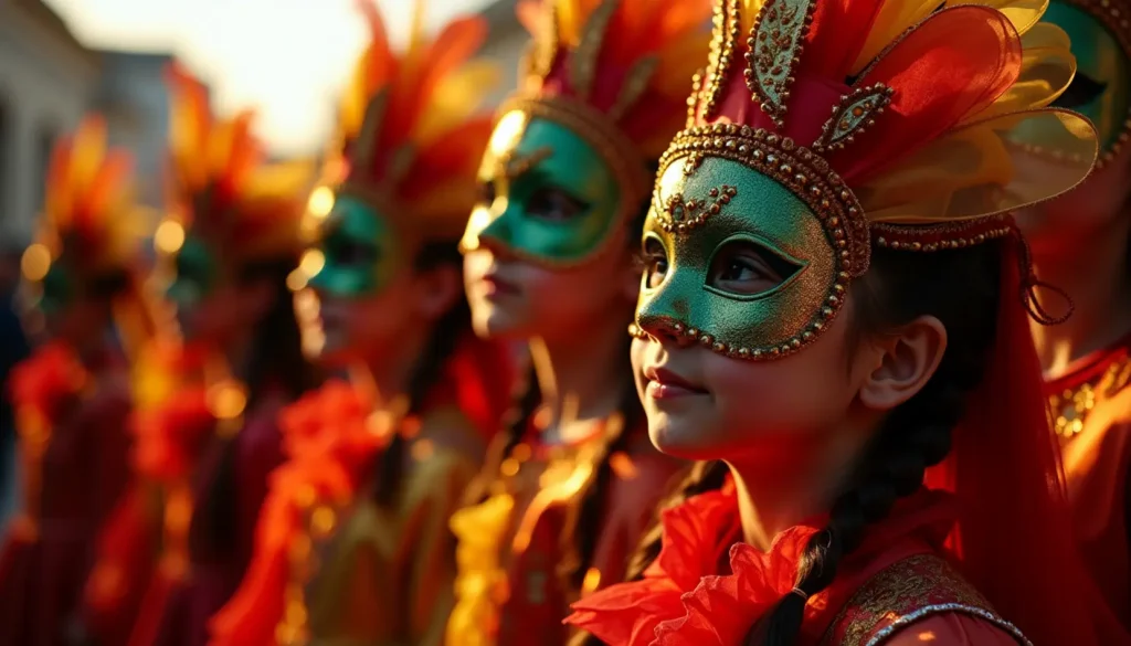 Kinder in farbenfrohen Karneval Kostümen mit Masken und Accessoires