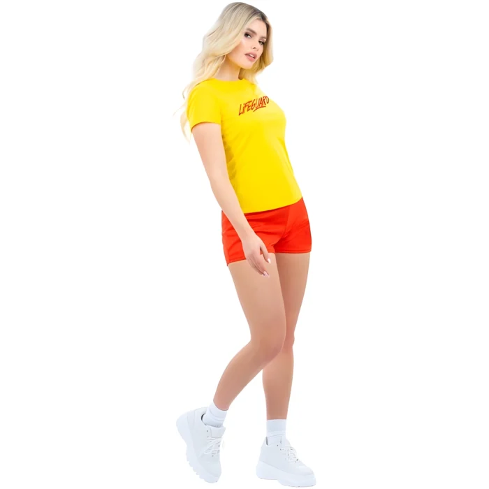 Beach Lifeguard Kostüm für Damen mit gelbem T-Shirt und roten Shorts von Smiffys