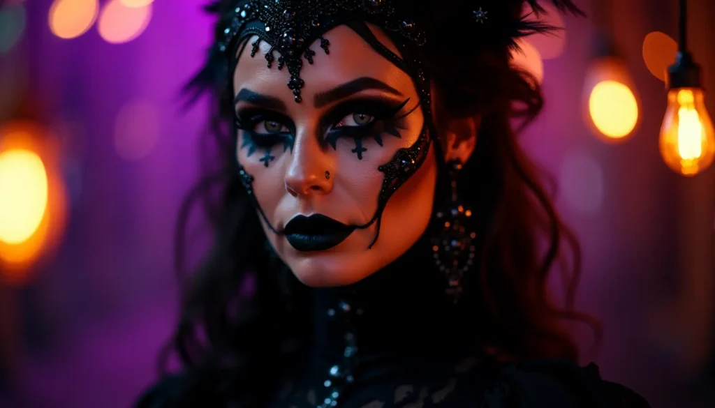 Frau trägt ein elegantes Halloween Kostüm Damen mit schwarzem Kleid und mystischem Make-up