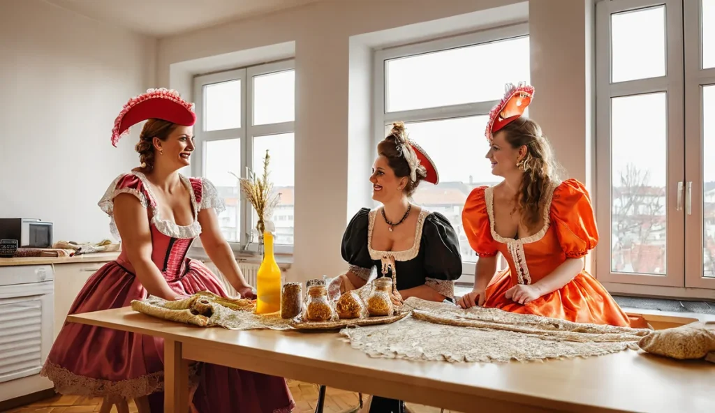 Frauen in bunten Faschingskostümen bei der Vorbereitung auf eine Karnevalsparty