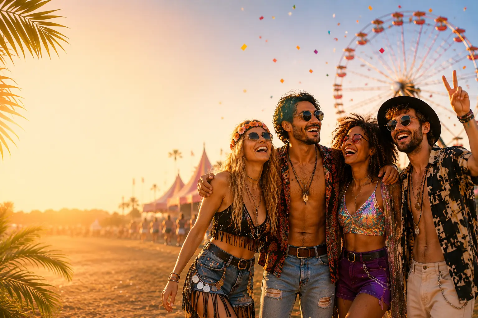 Freunde in Festival-Outfits auf einem Sommerfestival mit Riesenrad und bunter Festivalstimmung.