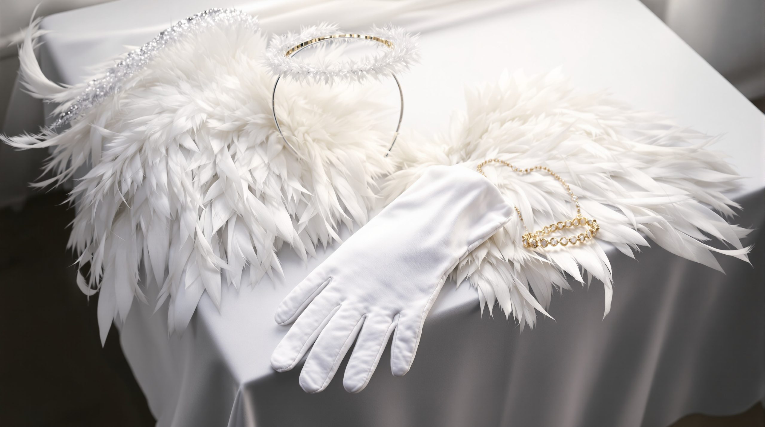 engel kostüm damen Accessoires: Flügel, Heiligenschein und Handschuhe auf einem Tisch arrangiert