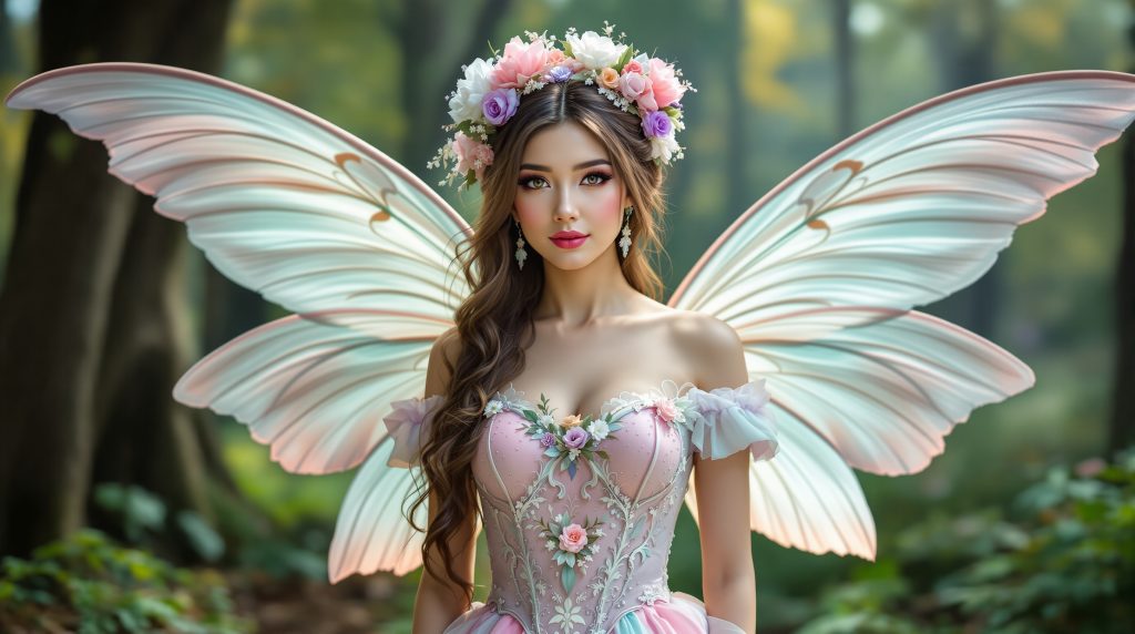 fee kostüm damen Featured: Elfenkostüm mit Flügeln, märchenhafte Wald-Szene