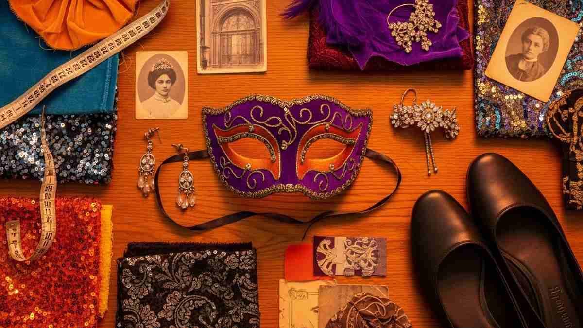 kostüm damen große größen Passform-Check mit Stoffen, Maske und Accessoires