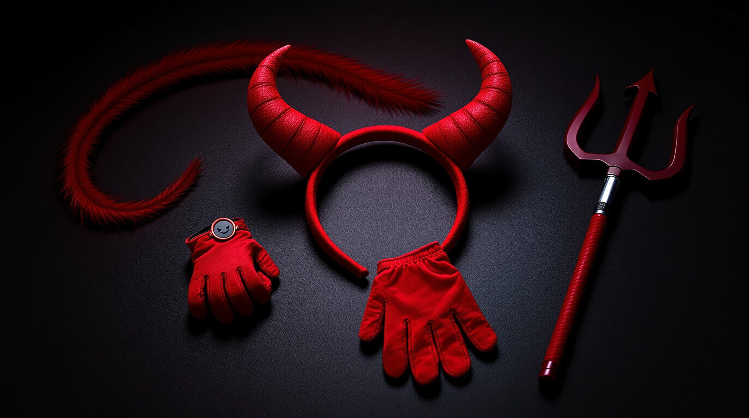 teufel kostüm damen Accessoires: rote Hörner, Schwanz, Dreizack und Handschuhe auf dunklem Tisch